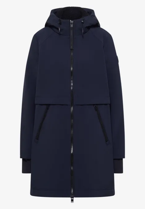 Dunkelblauer, knielanger Parka mit Kapuze, durchgehendem Reißverschluss und seitlichen Taschen.