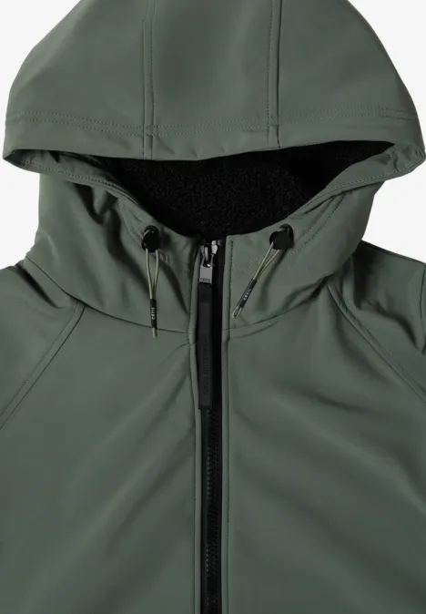 Grüne ärmellose Softshell-Weste mit Kapuze und Reißverschluss, schwarzem Innenfutter und Kordelzug