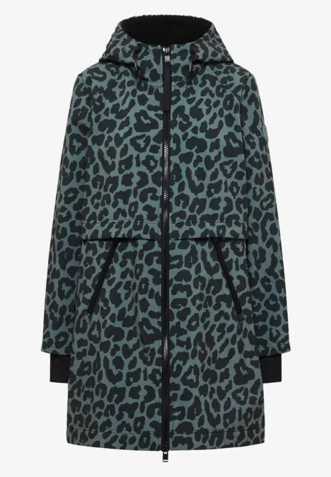 Softshell-jas met capuchon en luipaardprint shadow khaki Langer Kapuzenmantel mit türkis-schwarzem Leopardenmuster, Reißverschluss und seitlichen Taschen