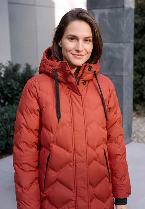 Une femme en doudoune rouge sourit en extérieur.