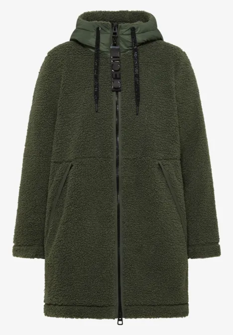 Olijfgroene teddy-fleece jas met capuchon en ritssluiting, halflang