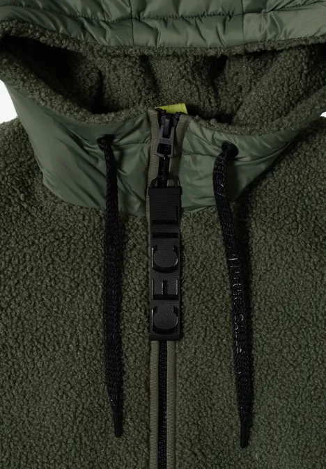 Olivgroen fleece jack met capuchon, ritssluiting en zwarte trekkoorden