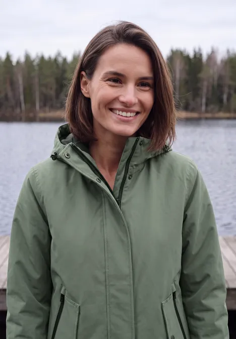 Eine lächelnde Frau in grüner Jacke vor einem See und Wald.