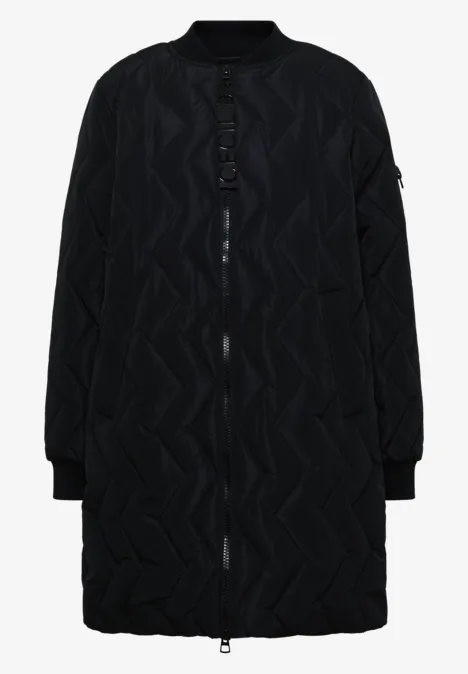 Manteau long noir matelassé à fermeture éclair intégrale et bord-côtes aux manches et à l'ourlet.