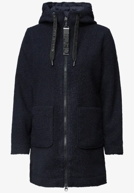 Manteau long en teddy bleu foncé avec capuche, fermeture zippée intégrale et poches