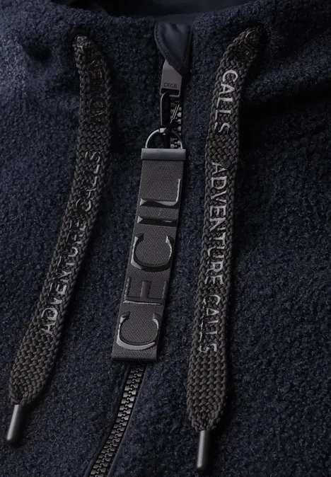 Veste polaire noire à capuche avec fermeture éclair, cordons noirs et tirette caoutchouc « ICE ».