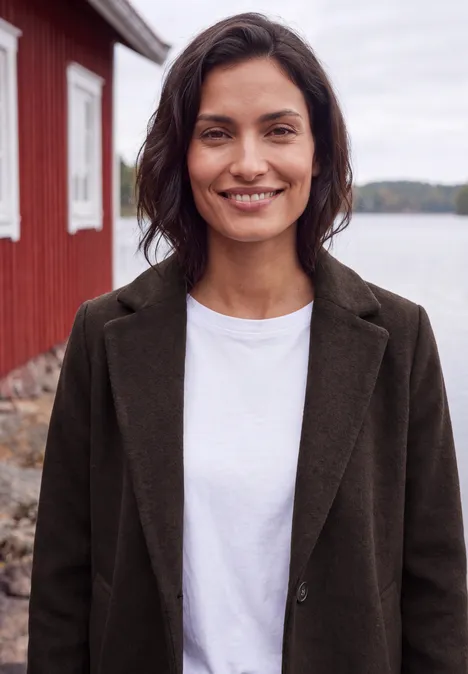 Eine lächelnde Frau in weißem T-Shirt und dunklem Blazer steht vor einem roten Haus am See.