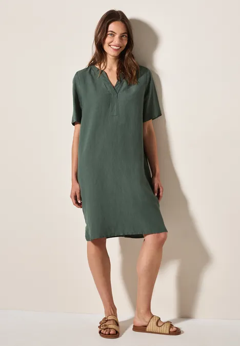 Split Neck Leinenmix Kleid balmy khaki