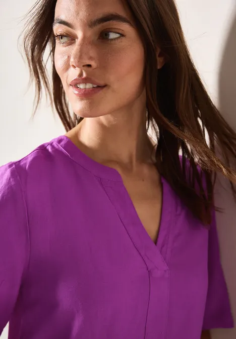 Split Neck Leinenmix Kleid magenta lacquer