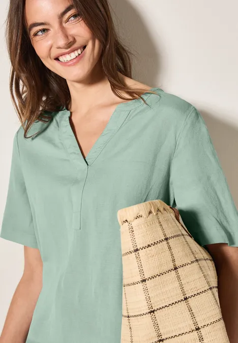 Split Neck Leinenmix Kleid ice sage green
