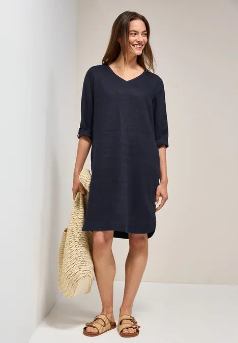 V-Neck Leinenkleid universal blue