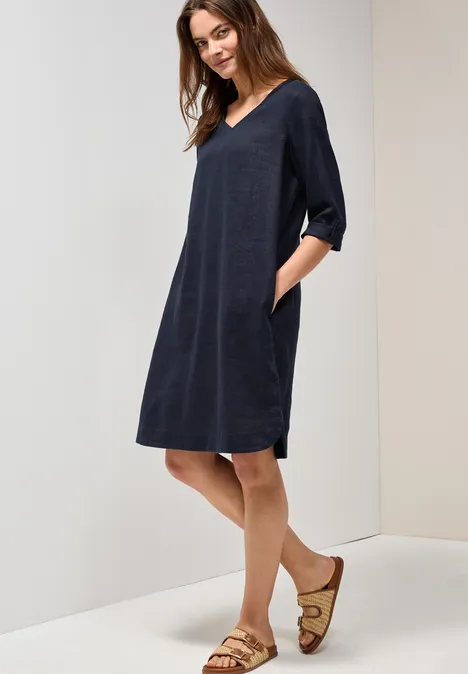 V-Neck Leinenkleid universal blue