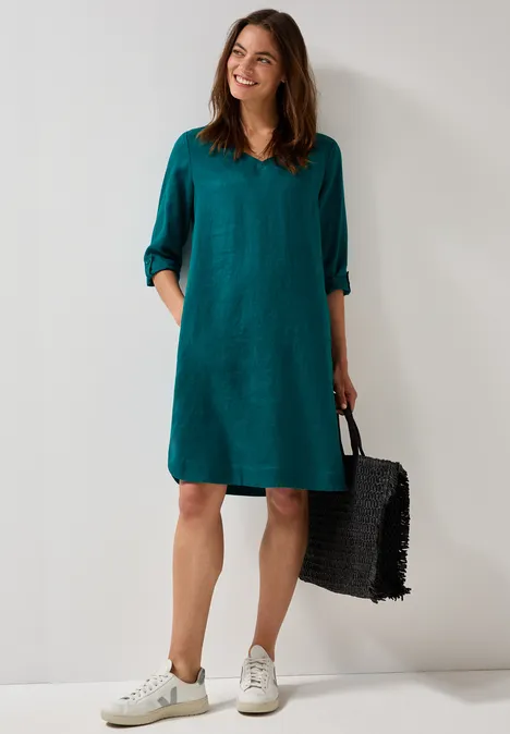 V-Neck Leinenkleid green lagoon