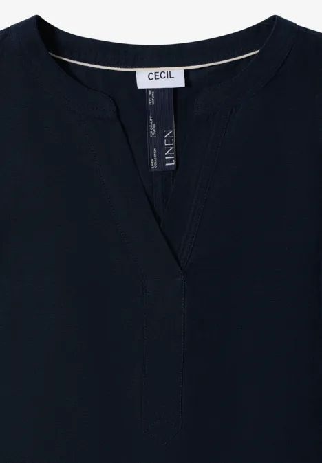 Navyblaues, ärmelloses Leinen-Oberteil mit V-Ausschnitt und feiner Marken-Etikette von CECIL.
