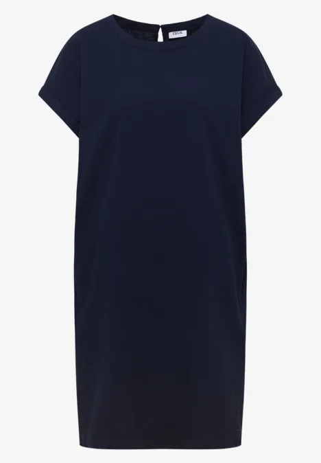 Schlichtes, navyblaues T-Shirt-Kleid mit kurzen Ärmeln und rundem Ausschnitt.