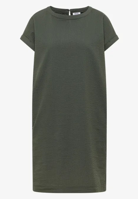 Lockeres, olivgrünes T-Shirt-Kleid mit kurzen Ärmeln und rundem Ausschnitt, knielang.