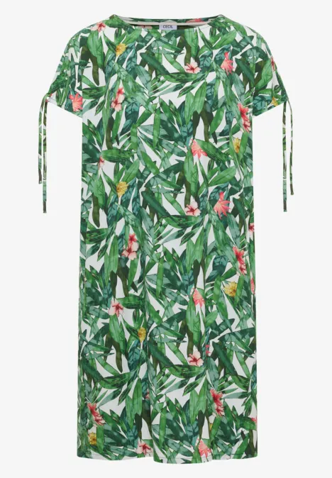 Knielanges Kleid mit floralem Muster khaki Midikleid mit grünem Blatt- und Blumenmuster, kurzen Ärmeln und seitlichen Bändchen.