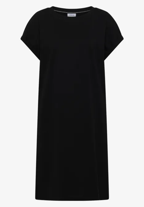 Schlichtes schwarzes T-Shirt-Kleid mit kurzen Ärmeln und lockerem Schnitt.