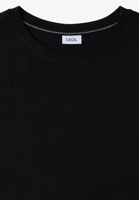 Schwarzes kurzärmeliges T-Shirt mit Rundhalsausschnitt und CECIL-Label im Nacken.