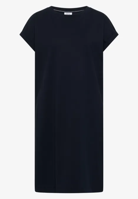 Ein schlichtes, dunkelblaues T-Shirt-Kleid mit kurzen Ärmeln und geradem Schnitt.