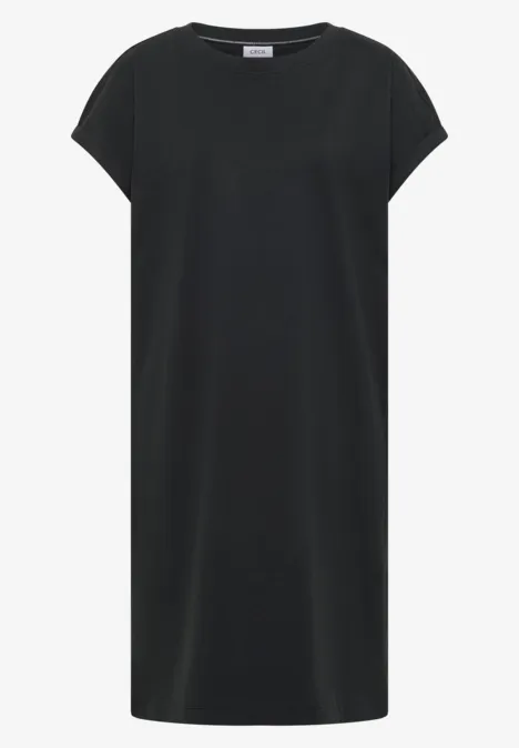 Schlichtes knielanges schwarzes T-Shirt-Kleid mit kurzen Ärmeln.