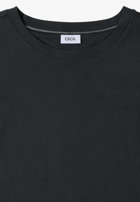 Schwarzes T-Shirt mit rundem Ausschnitt und CECIL-Label am Kragen