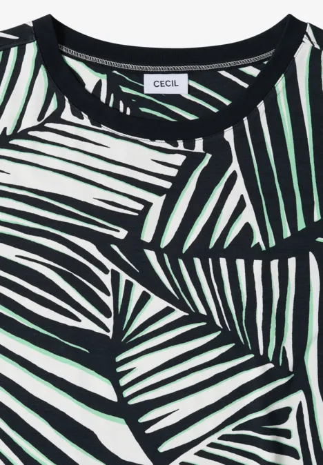 Knielanges Kleid aus Jersey palm breeze green Schwarz-weißes Shirt mit abstraktem Palmblättermuster und Rundhalsausschnitt.