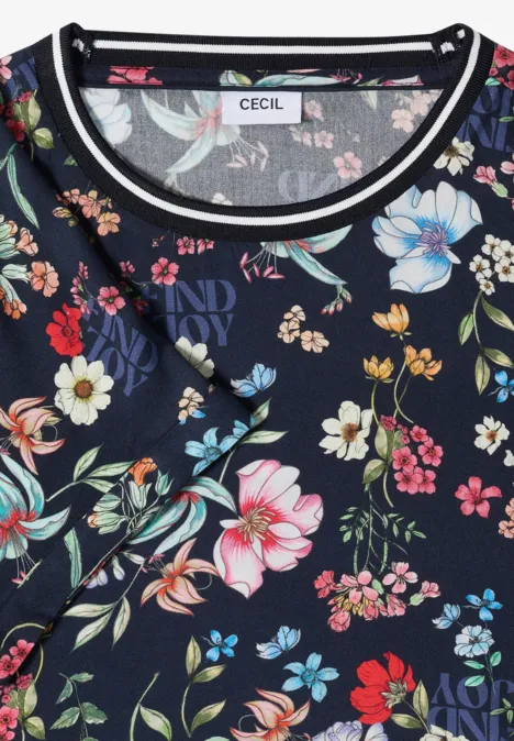 Dunkelblaues Langarmshirt mit buntem Blumenmuster und Rundhalsausschnitt