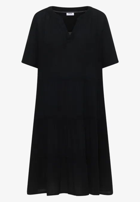 Schwarzes, kurzärmeliges, knielanges Kleid mit V-Ausschnitt und leicht ausgestelltem Schnitt.