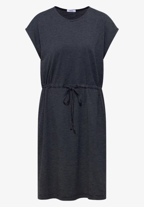 Knielanges Kleid aus Jersey universal blue Dunkelgraues, knielanges Kleid mit kurzen Ärmeln und Taillenschnur.