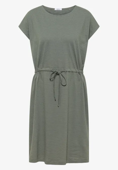 Knielanges Kleid aus Jersey khaki Olivgrünes, knielanges T-Shirt-Kleid mit kurzen Ärmeln und Kordelzug in der Taille.