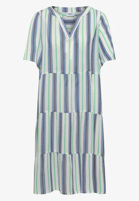 Leichtes, knielanges Kleid mit kurzen Ärmeln und blau-grün-weißen Streifen.