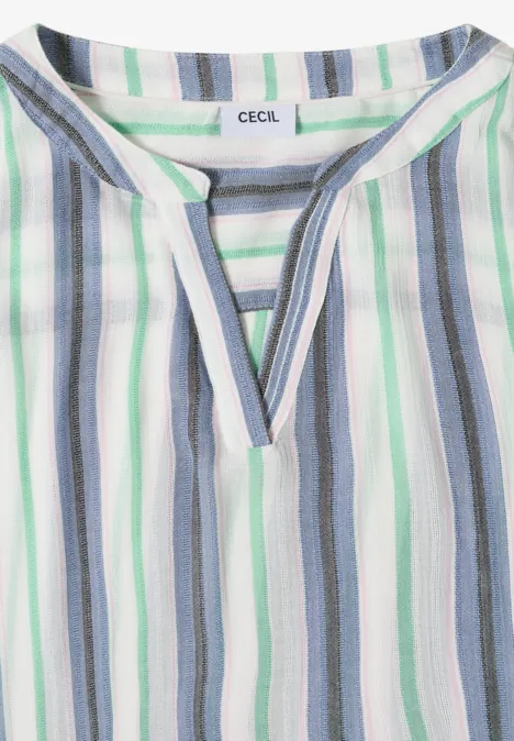 Opgevouwen blouse met verticale strepen in blauw, groen en grijs