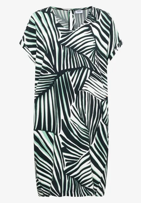 Locker fallendes Kleid mit schwarz-weißem Zebra-Muster und kurzen Flügelärmeln.