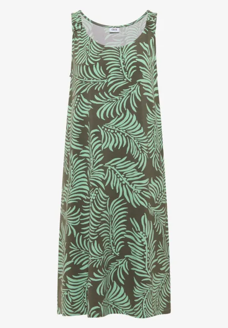 Ärmelloses Maxikleid mit braunem Grundton und hellem Türkisblättermuster.