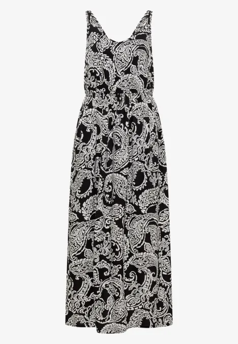 Robe longue noire sans manches à motifs cachemire blancs et encolure en V