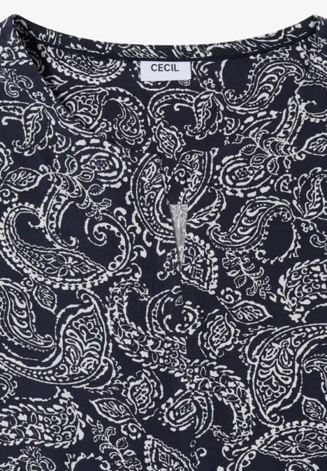 Midikleid mit Split Neck und Print universal blue Dunkelblaues ärmelloses Oberteil mit weißem Paisley-Muster und kleinem Schlitz am Ausschnitt.