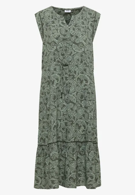 Midikleid mit Split Neck und Print khaki Ärmelloses Maxikleid mit grünem Paisley-Muster, V-Ausschnitt und voluminösem Stufenrock.