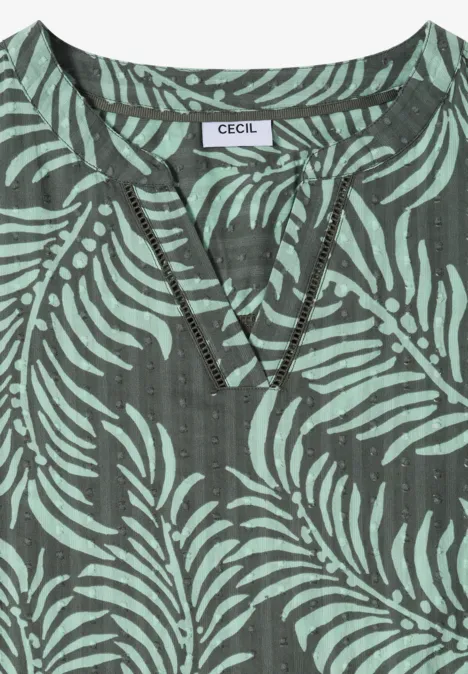 Midikleid mit Split Neck und Print khaki Grünes Shirt mit Blattmuster und V-Ausschnitt