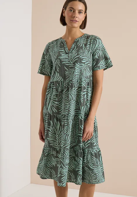 Midikleid mit Split Neck und Print khaki Damenkleid grün mit kurzen Ärmeln und Blätterprint, locker geschnitten, Midi-Länge