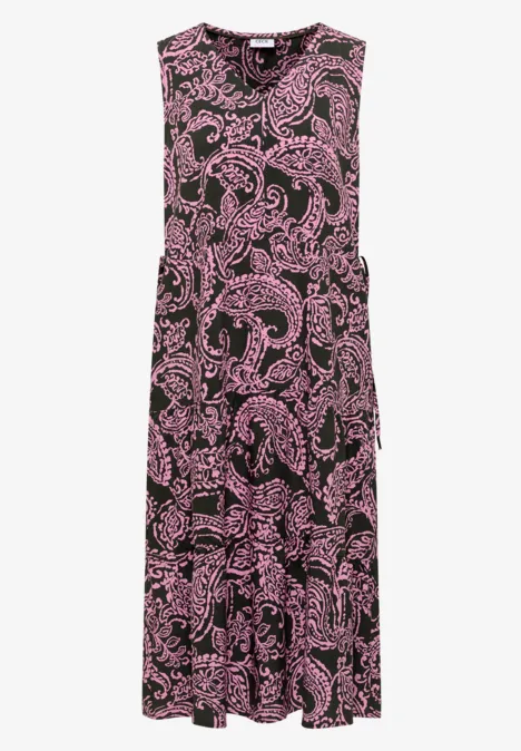 Mouwloze zwarte midi-jurk met roze paisley-print.