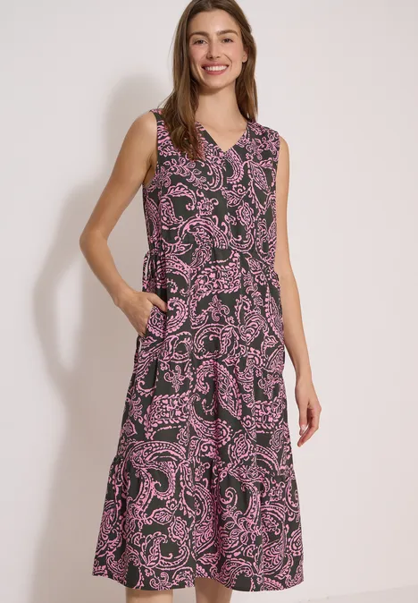 Ärmelloses Midi-Kleid mit V-Ausschnitt und pink-schwarzem Paisley-Muster, locker fallend mit seitlichen Eingrifftaschen.