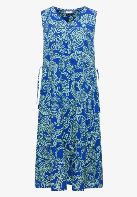 Mouwloze blauwe maxi-jurk met paisleyprint en zijstrikjes
