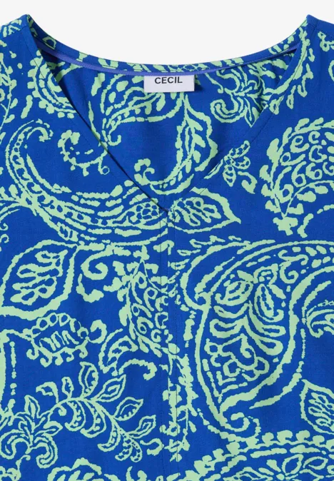 Midijurk met V-hals en print surf blue Mouwloos topje in felblauw met lichtgroen paisleypatroon en CECIL-label.