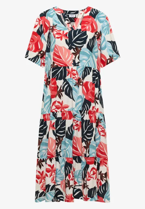 Locker geschnittenes Midikleid mit buntem tropischem Blattprint und kurzen Ärmeln.