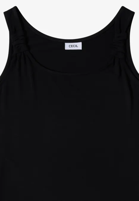 Eine schlichte schwarze ärmellose Bluse mit rundem Ausschnitt und leicht gerafften Trägerdetails.