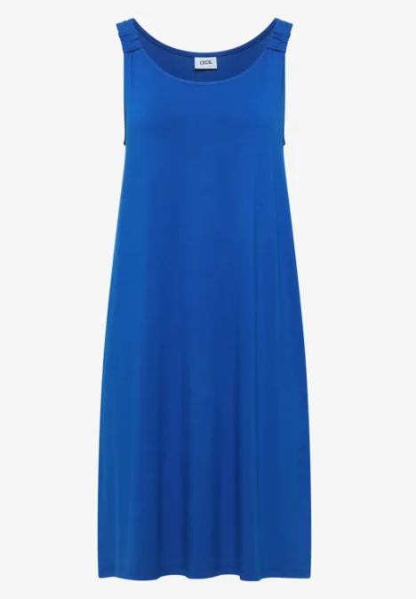 Mouwloze, losse midijurk in helder blauw met ronde hals en vloeiende pasvorm.