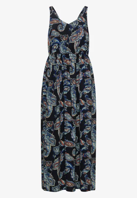 Langes ärmelloses Maxikleid mit dunkelblauem Paisley-Muster.