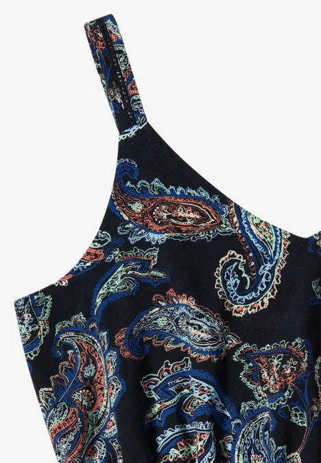 Dunkelblaues Top mit buntem Paisley-Muster und schmalen Trägern.