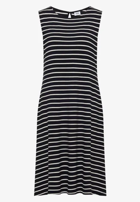 Ärmelloses, knielanges Kleid mit schwarzen und weißen Querstreifen, A-Linien-Schnitt